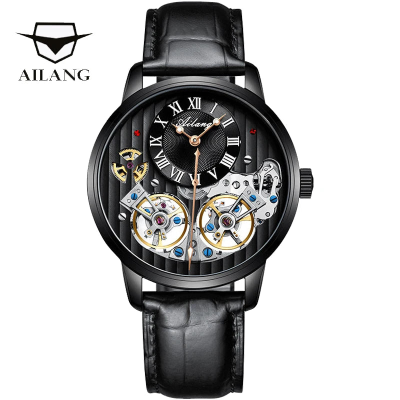 AILANG watch men's advanced expensive automatic mechanical watch Roman double tourbillon watch leather male new