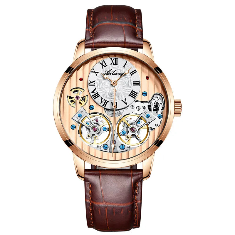 AILANG watch men's advanced expensive automatic mechanical watch Roman double tourbillon watch leather male new