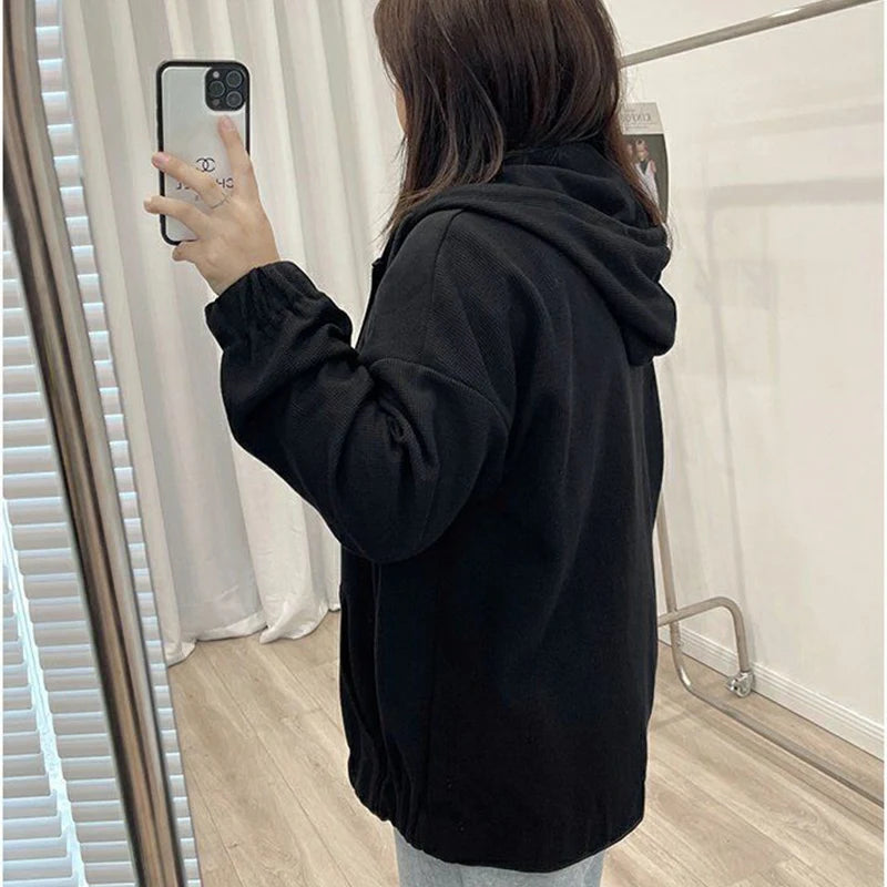 2025 Autumn New Fashion Temperament Korean Plus Size Hoodies Women Loose Casual Waffle Sweatshirt Jacket Solid Elegant Cardigan