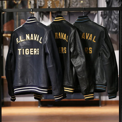 Men's top quality stand collar real leather jacket baseball tiger embroidery vegetable tanned sheep leather coat