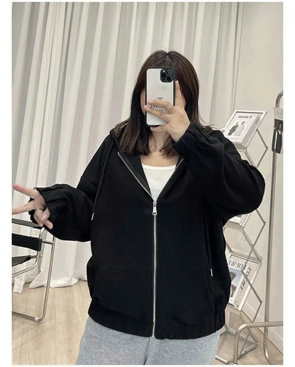 2025 Autumn New Fashion Temperament Korean Plus Size Hoodies Women Loose Casual Waffle Sweatshirt Jacket Solid Elegant Cardigan