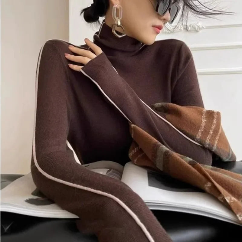 New Fashion Turtleneck Pullovers Women Autumn and Winter Slim Fit Long Sleeved Top Elegant Office Lady Sweaters Black White 2024