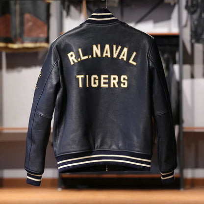 Men's top quality stand collar real leather jacket baseball tiger embroidery vegetable tanned sheep leather coat