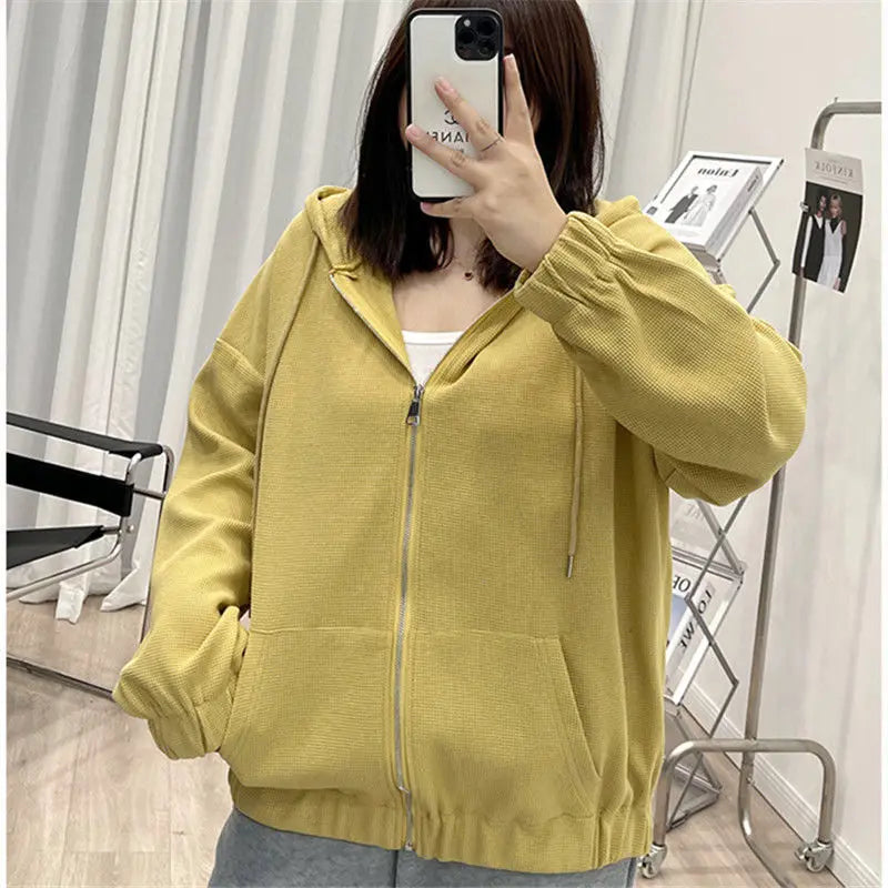 2025 Autumn New Fashion Temperament Korean Plus Size Hoodies Women Loose Casual Waffle Sweatshirt Jacket Solid Elegant Cardigan