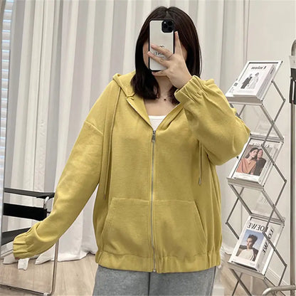 2025 Autumn New Fashion Temperament Korean Plus Size Hoodies Women Loose Casual Waffle Sweatshirt Jacket Solid Elegant Cardigan