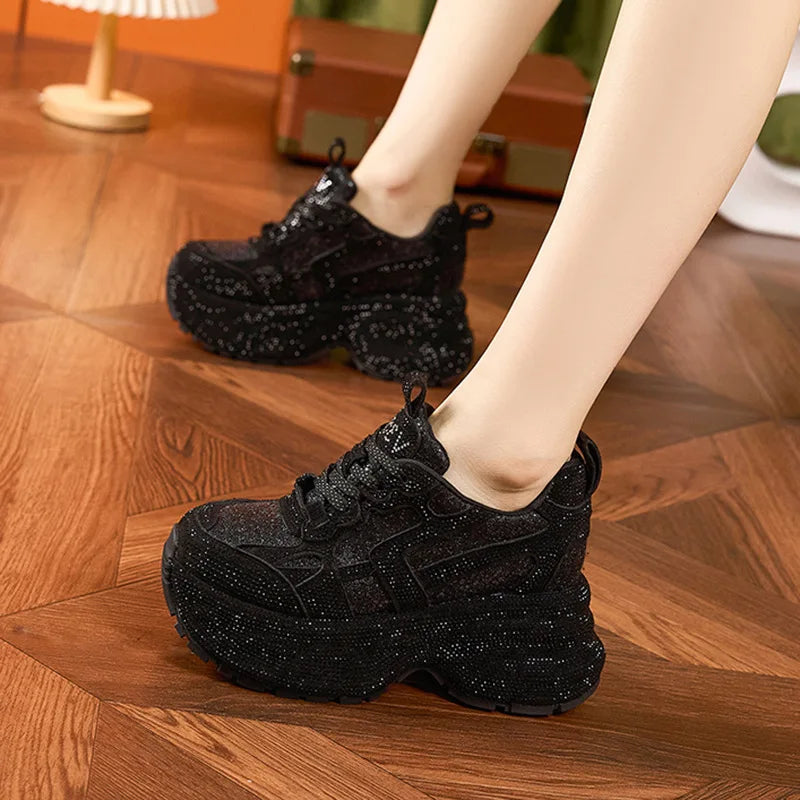 Women's Rhinestone Shoes Autumn Fashionable and Versatile Inner Height Increasing Women's Shoes