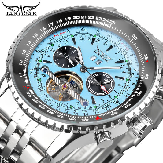 Jaragar Mens Automatic Mechanical Watch Fashion Tourbillon Blue Dial Date Display BREITLING Design Strap Military Sport Watches