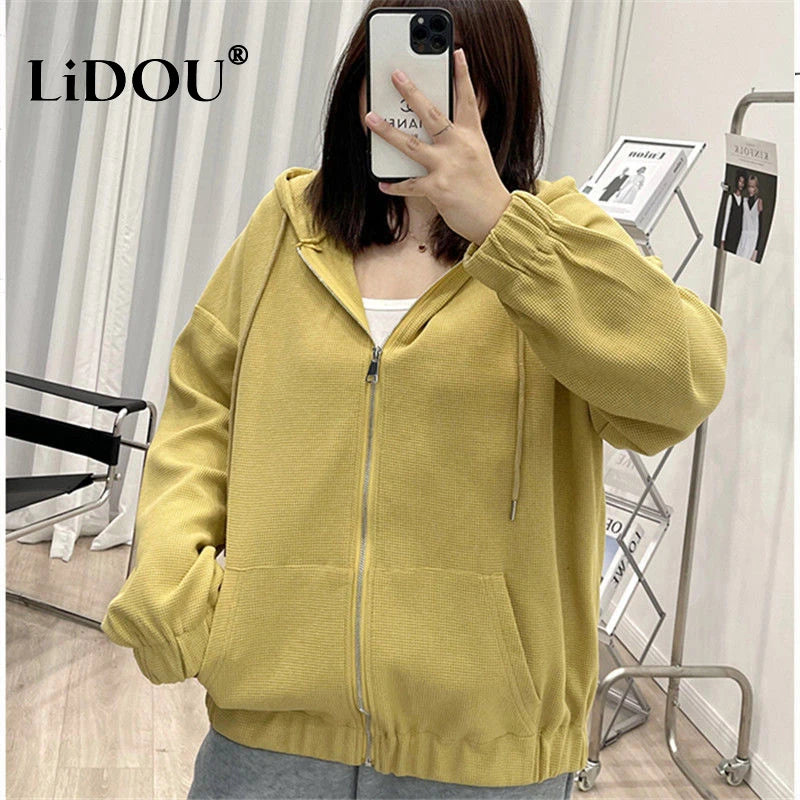 2025 Autumn New Fashion Temperament Korean Plus Size Hoodies Women Loose Casual Waffle Sweatshirt Jacket Solid Elegant Cardigan