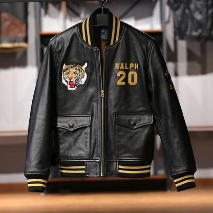 Men's top quality stand collar real leather jacket baseball tiger embroidery vegetable tanned sheep leather coat