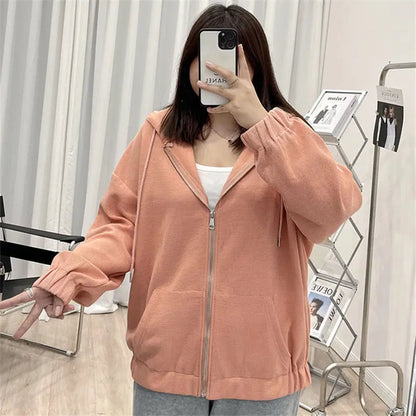 2025 Autumn New Fashion Temperament Korean Plus Size Hoodies Women Loose Casual Waffle Sweatshirt Jacket Solid Elegant Cardigan