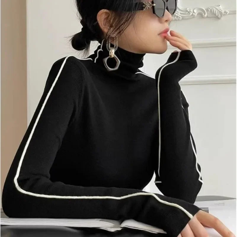 New Fashion Turtleneck Pullovers Women Autumn and Winter Slim Fit Long Sleeved Top Elegant Office Lady Sweaters Black White 2024