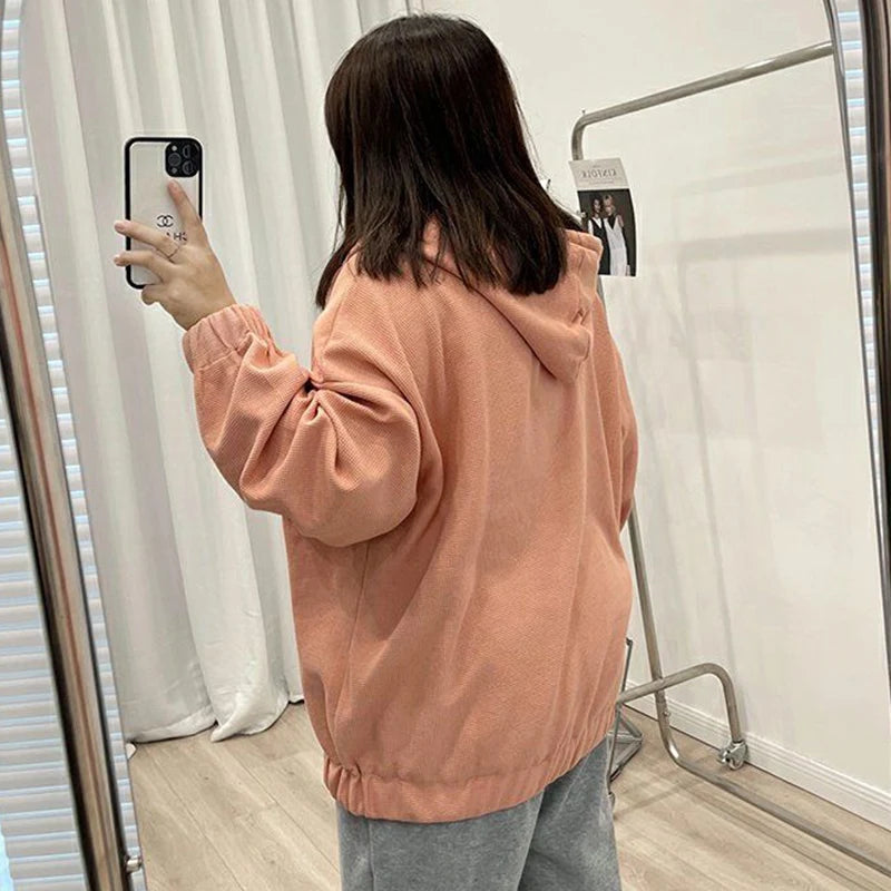 2025 Autumn New Fashion Temperament Korean Plus Size Hoodies Women Loose Casual Waffle Sweatshirt Jacket Solid Elegant Cardigan