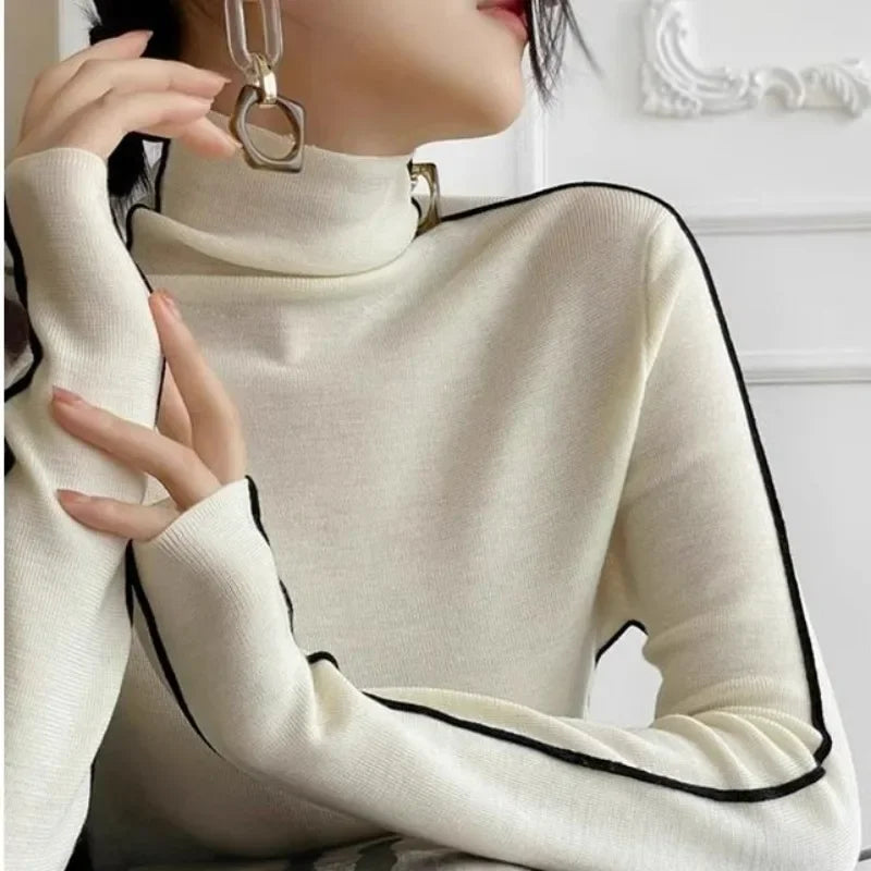 New Fashion Turtleneck Pullovers Women Autumn and Winter Slim Fit Long Sleeved Top Elegant Office Lady Sweaters Black White 2024