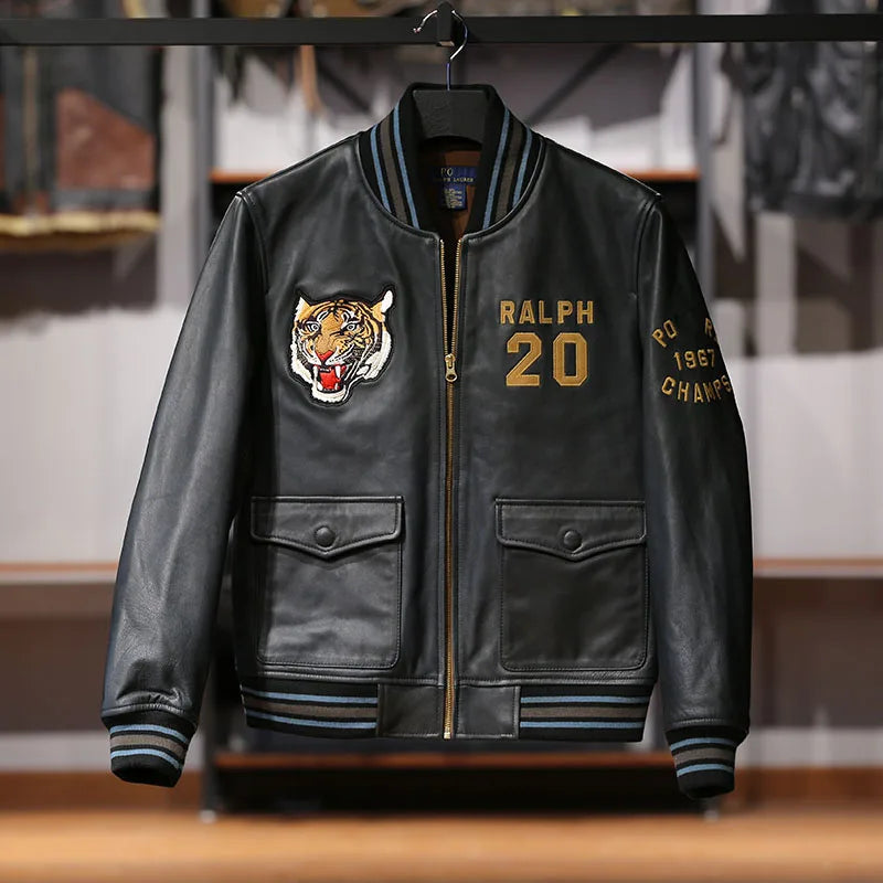 Men's top quality stand collar real leather jacket baseball tiger embroidery vegetable tanned sheep leather coat